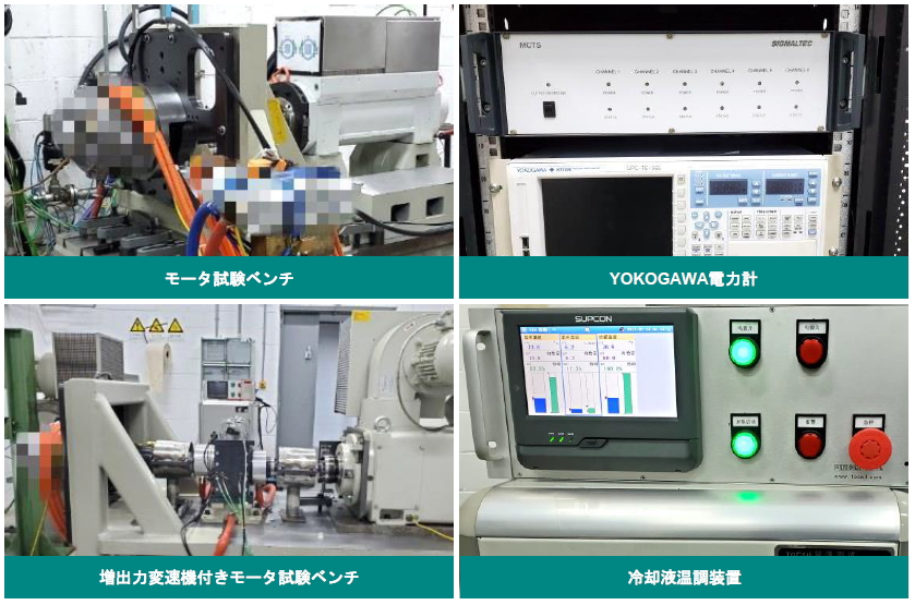 モータ試験ベンチ、像出力変速機付きモータ試験ベンチ、電力計、冷却液温調装置などで試験を実施します。